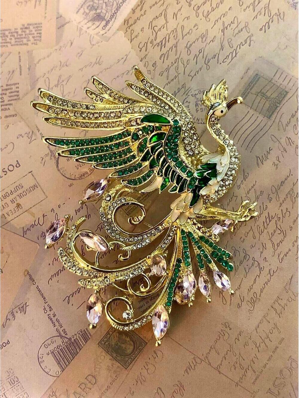 Majestic Phoenix Bird of Paradise Rhinestone Brooch Yellow Metallic
